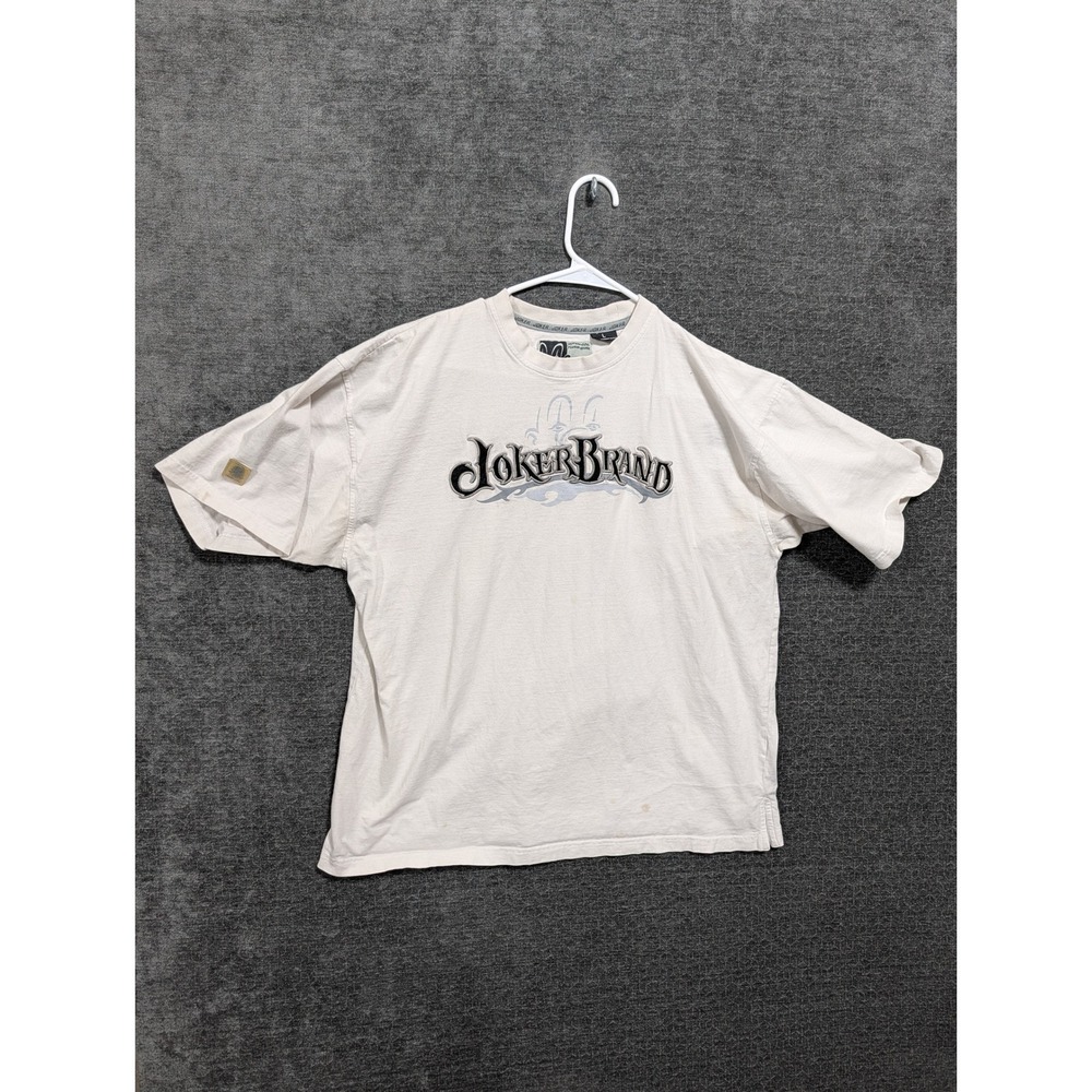 Vintage Joker Brand Graphic T-Shirt Mens Large White Embroidered Streetwear 1806